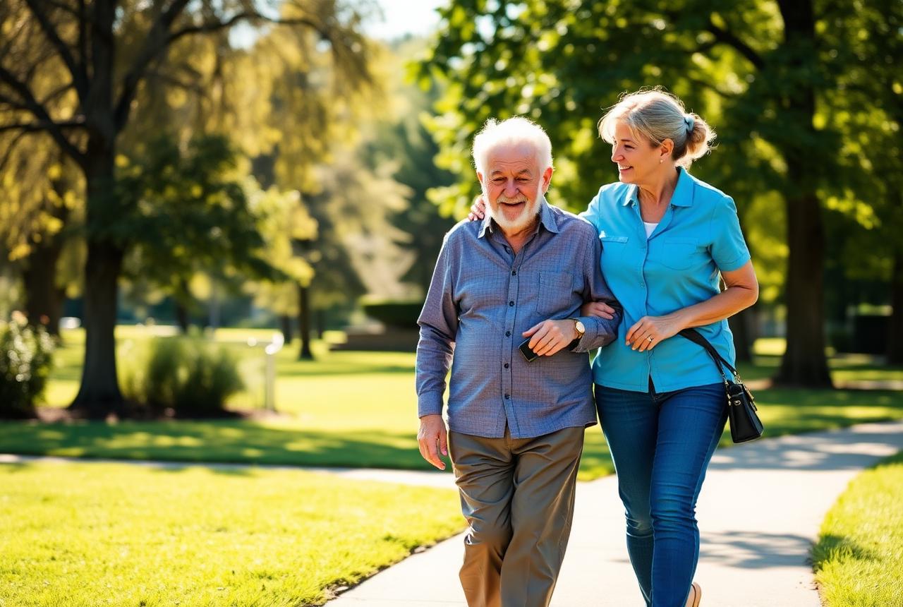 Caregiver walking outdoors with an older adult client