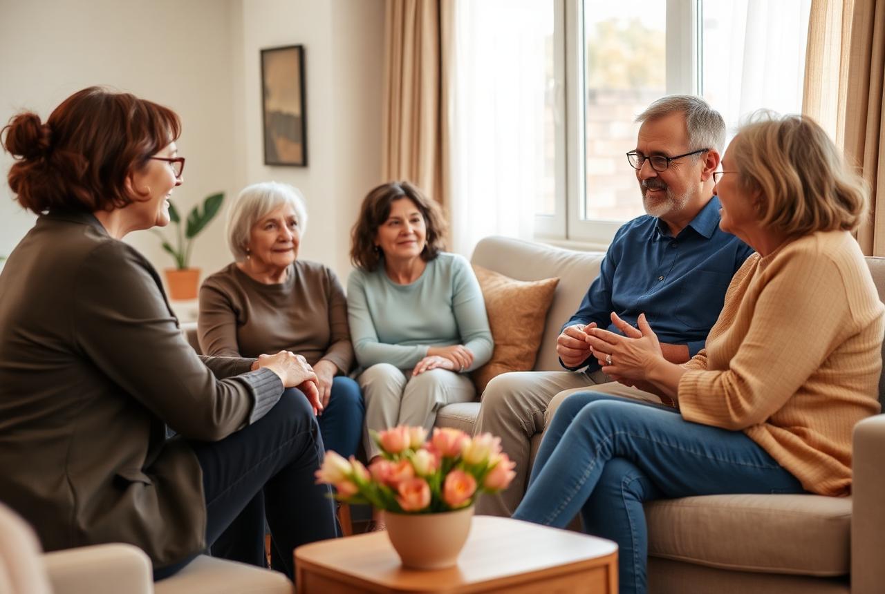 Family members meeting with a Synthesis care manager in a living room