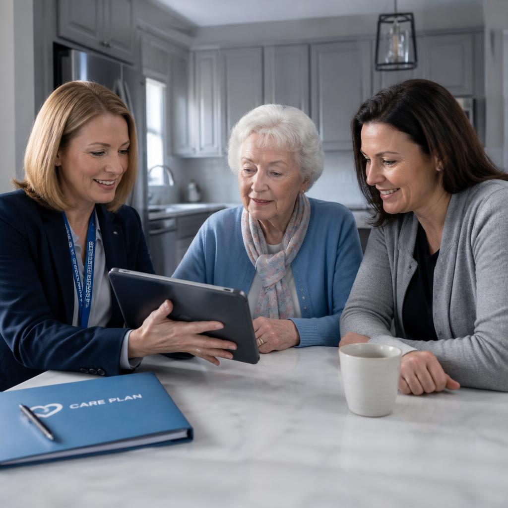 Caregiver and client sharing a moment in the kitchen