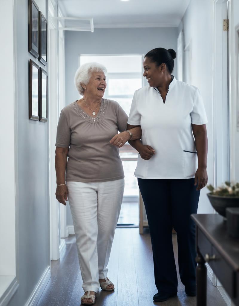 Older adult walking outdoors with caregiver support